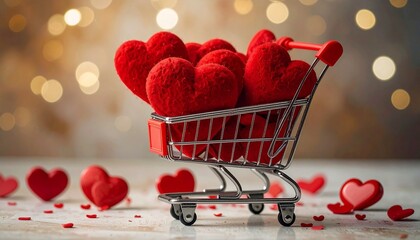 Miniature shopping cart filled with red plush hearts on wooden surface with neutral background.