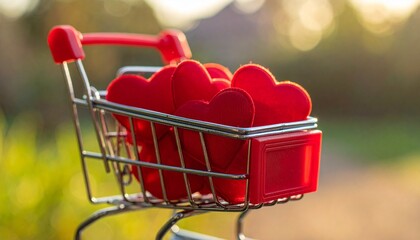 Miniature shopping cart filled with red plush hearts on wooden surface with neutral background.