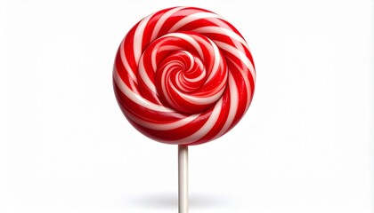 Red and white spiral lollipop on white stick against plain white background.