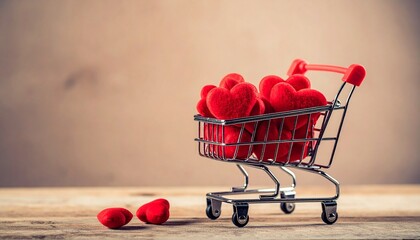 Miniature shopping cart filled with red plush hearts on wooden surface with neutral background.