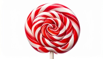 Red and white spiral lollipop on white stick against plain white background.