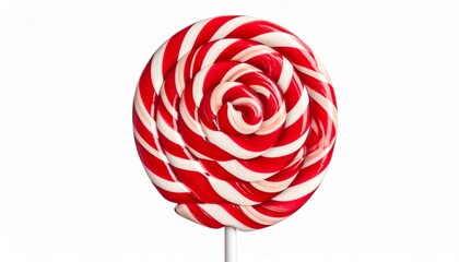 Red and white spiral lollipop on white stick against plain white background.