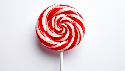 Red and white spiral lollipop on white stick against plain white background.