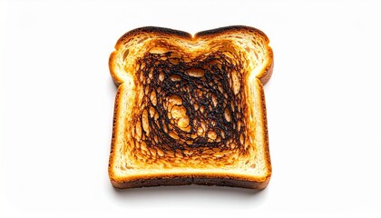 Burnt slice of toast with blackened center and golden-brown edges on white background.