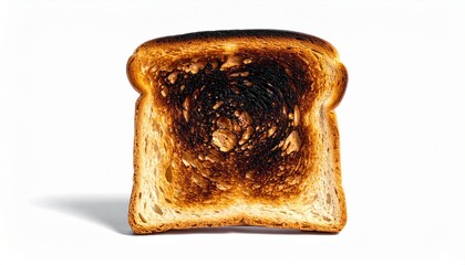 Burnt slice of toast with blackened center and golden-brown edges on white background.