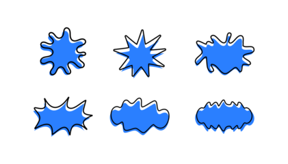 Blue Hand Drawn Comic Burst Shapes PNG Set, Cartoon Splash and Abstract Blob Stickers Isolated on Transparent Background