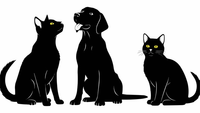 Three Black Silhouettes of Animals Including a Dog and Two Cats.