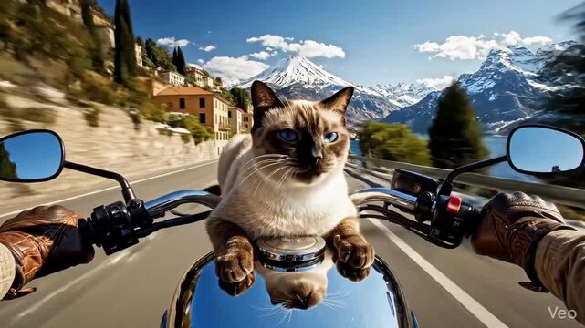 Concept of traveling around the world by bike, featuring a biker journeying across diverse landscapes&mdash; mountains, deserts, coastlines, and cities. A small pet cat rides along comfortably