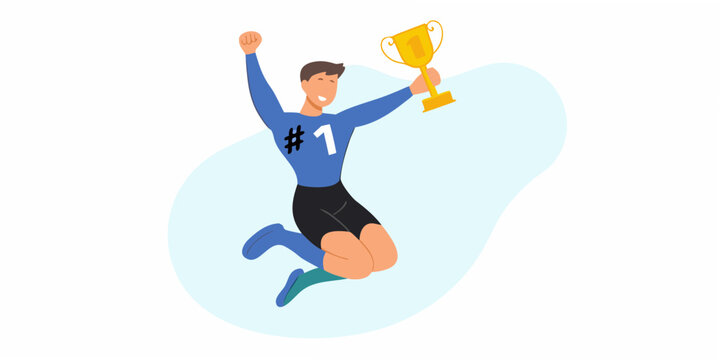 a man in blue jersey jumping with a trophy