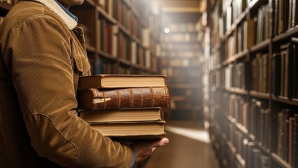 Man Reading Books in Library Aisle.