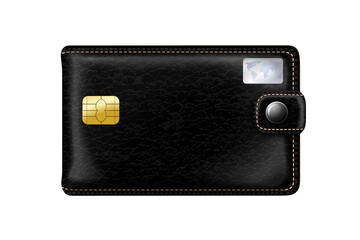 Black leather wallet with stitched details, holding a credit card with a golden chip and world map graphic, isolated on transparent background, symbolizing secure financial storage.
