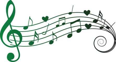 Musical Notes and Treble Clef with Heart Embellishments in a Swirl Pattern