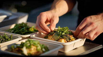 Hands preparing lunch with careful portion sizing, placing ingredients into labeled containers to maintain food control and balanced diet goals. cinematic color correction, natural uneven lighting