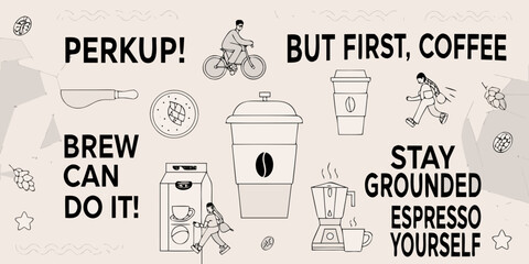 Coffee motivation a playful illustration with a cyclist and coffee elements