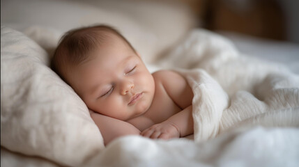 Peaceful sleeping newborn baby resting on soft bedding, tiny hands relaxed and eyes closed, expressing innocence, safety, warmth, early childhood, parental love, calm atmosphere, and natural family