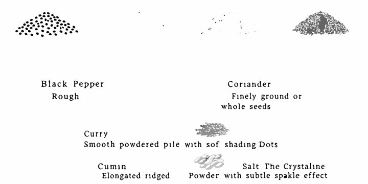 Illustrative depiction of various spices black pepper coriander cumin curry and salt