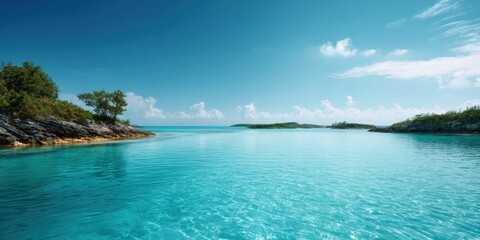 Serene tropical seascape with turquoise waters and lush greenery under a clear sky