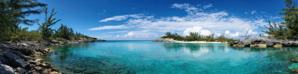 Idyllic tropical beach with clear blue waters and lush greenery under bright sky