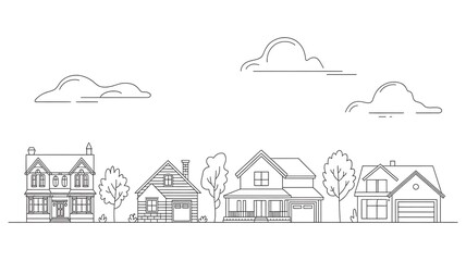 Outline Drawing: Diverse Suburban Houses with Trees & Clouds &acirc;&euro;&ldquo; Real Estate