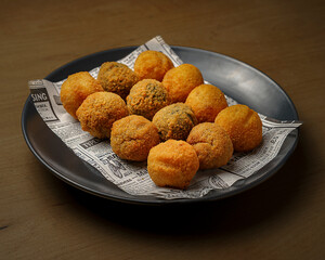 Top view of crispy fried croquettes on newspaper paper with dipping sauce and spices on wooden table