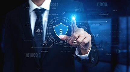 Cyber security interface with biometric and AI-powered protection system. Cyber security secures access, cybersecurity protects identity, cybersecurity detects threats, and defends data. Vouch