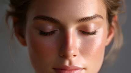 Fototapeta premium Radiant serenity: a close-up image of a serene young woman with closed eyes, her face softly illuminated, evoking inner peace and tranquility. 