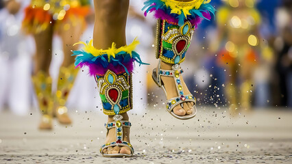 Vibrant dancers legs with colorful costume and confetti