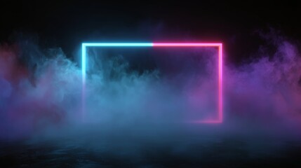 Obraz premium Neon frame, abstract minimal background, rectangular frame with copy space, illuminated smoke effect, glowing geometric shape, Vector abstract neon background for signboard or billboard