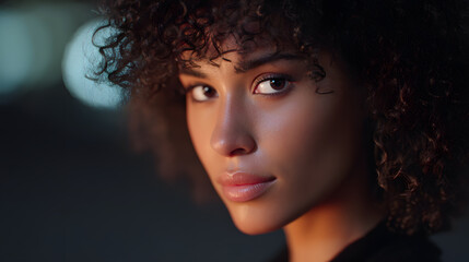 Graceful gaze: A close-up shot of a stunning young woman looking intensely at the camera in a sophisticated setting. Capturing her natural beauty and confident attitude.
