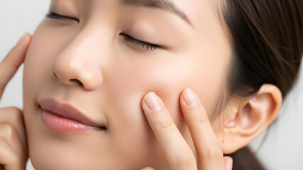 Obraz premium Close-up of Asian woman’s fingers pressing cheek, skin instantly bouncing back, showcasing plumpness, elasticity, and healthy youthful complexion in detailed focus. 