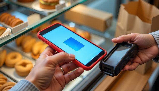 Mobile payment using smartphone at bakery counter with contactless POS terminal. 