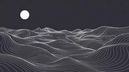 Serene Abstract Wavy Landscape with Minimalist Moon and Dark Gray Background