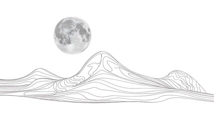 Serene Moonlit Landscape: Abstract Contour Mountains with Full Moon on White Background
