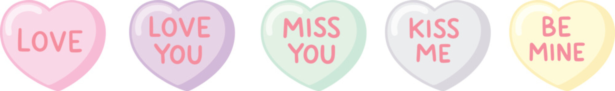 Pastel Valentine candy heart icons with love messages on white