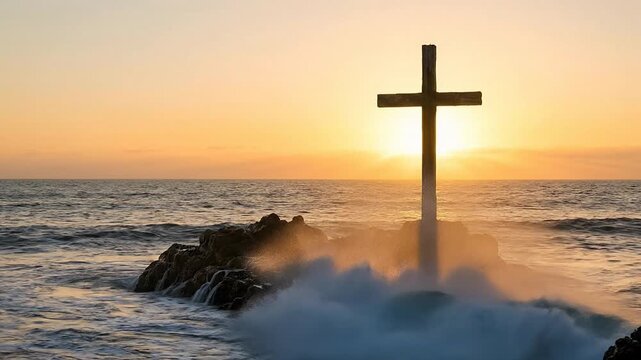 Wooden Christian Cross Standing on Rocky Ocean Shore with Crashing Waves at Golden Sunset Depicting Faith and Spiritual Hope Concept
