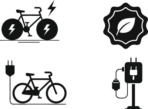 Electric Bicycle Icons: Charging, Power, and Eco-Friendly Symbol