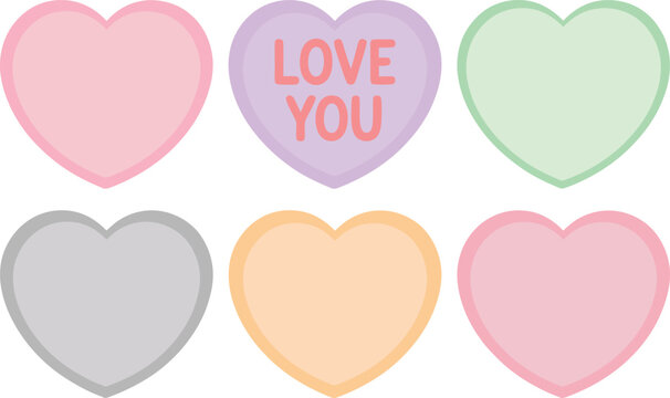 Pastel Valentine candy heart icons set with blank hearts on white