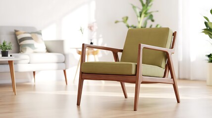 Stylish Green Armchair in Modern Living Room with Sunlight | Scandinavian Interior Furniture