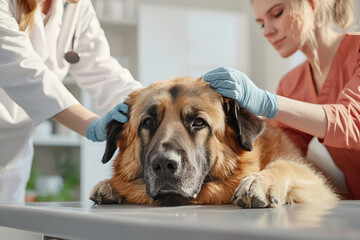 Veterinarian care of large dog with two female vets in clinic setting