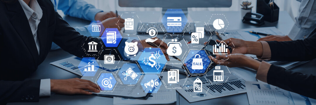 Modern budgeting and financial management icons showing finance, savings, tax, and planning. Budget supports business strategy, budget helps growth, and budgeting ensures financial control. Entice