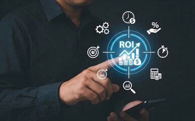 Obraz premium Hand points to a central roi icon, surrounded by business and financial metrics on a smartphone.