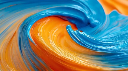 Abstract liquid paint swirl in vibrant blue and orange colors captured in motion high speed photography style creative art background
