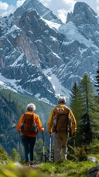 An elderly couple walks on a trail in the mountains. They use hiking poles and wear backpacks. The peaks are covered in snow. It is a sunny day in the outdoors