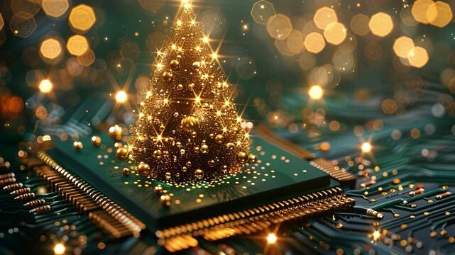 A digital Christmas tree is formed from lights and ornaments on a computer chip. The scene illustrates the blend of technology and holiday spirit at night with blurred lights in the background