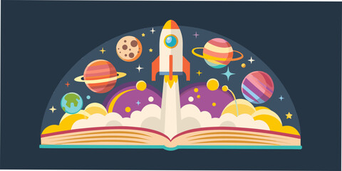 A rocket launching from an open book into a colorful space scene © Tusar