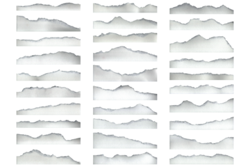 Collection of torn white paper edges isolated on black background. Abstract ripped paper borders and rough torn textures arranged as horizontal strips, ideal for design overlays, posters, banners.