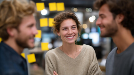 A startup team shares ideas around a prototype of a smart wearable device, surrounded by feedback notes and brainstorming materials in a vibrant collaborative workspace. cinematic color correction,