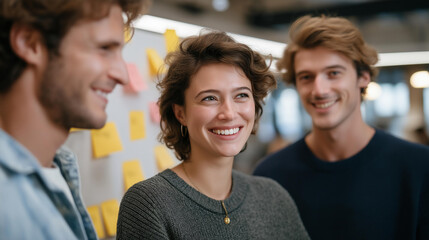 A startup team shares ideas around a prototype of a smart wearable device, surrounded by feedback notes and brainstorming materials in a vibrant collaborative workspace. cinematic color correction,