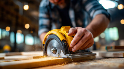 Young carpenter cutting wood piece using circular saw in furniture factory, faceless craftsman, woodworking process, manufacturing facility, production workshop, defocused backgrou
