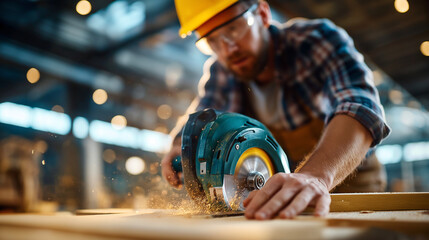 Young carpenter cutting wood piece using circular saw in furniture factory, faceless craftsman, woodworking process, manufacturing facility, production workshop, defocused backgrou